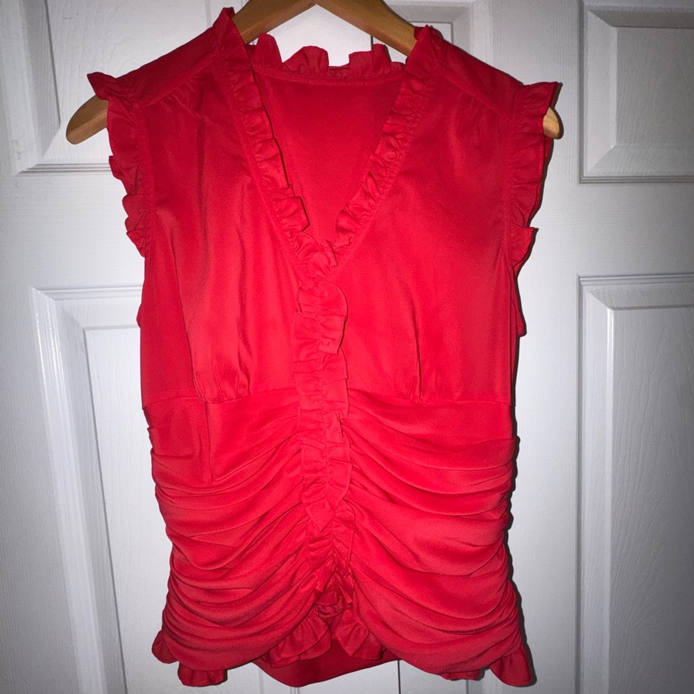 Hot Pink Ruched Ruffle V-Neck Sleeveless Blouse Top Size M